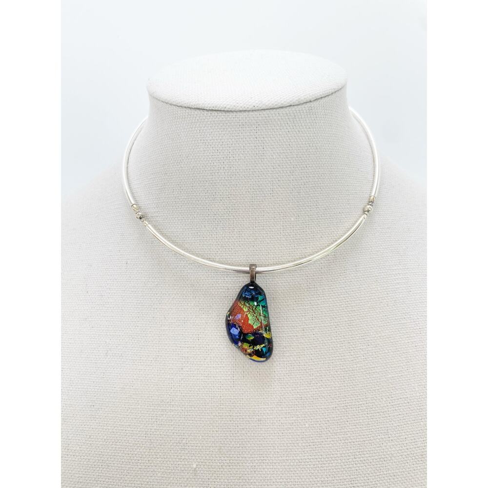 Handmade Dichroic Glass Pendant Silver Necklace Iridescent Multicolor